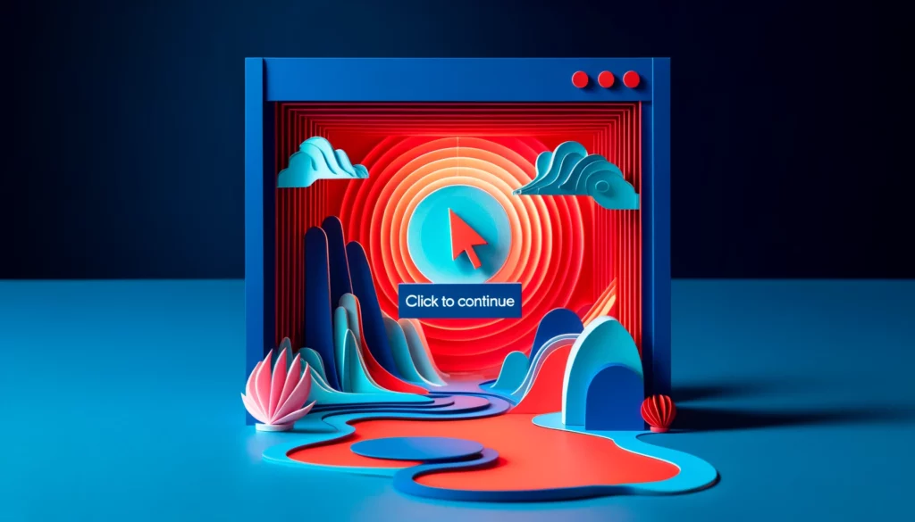 dalle_2024_05_08_121323_abstract_art_diorama_in_paper_origami_style_depicting_a_computer_screen_with_a_website_page_featuring_a_prominent_red_and_blue_click_to_continue_bu_1024x585_1 (1).webp